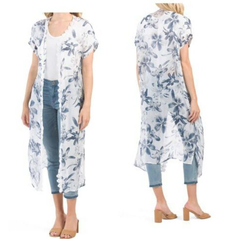 NWT New Elena Baldi Floral Print Silk Blend Kimono Duster ONE SIZE